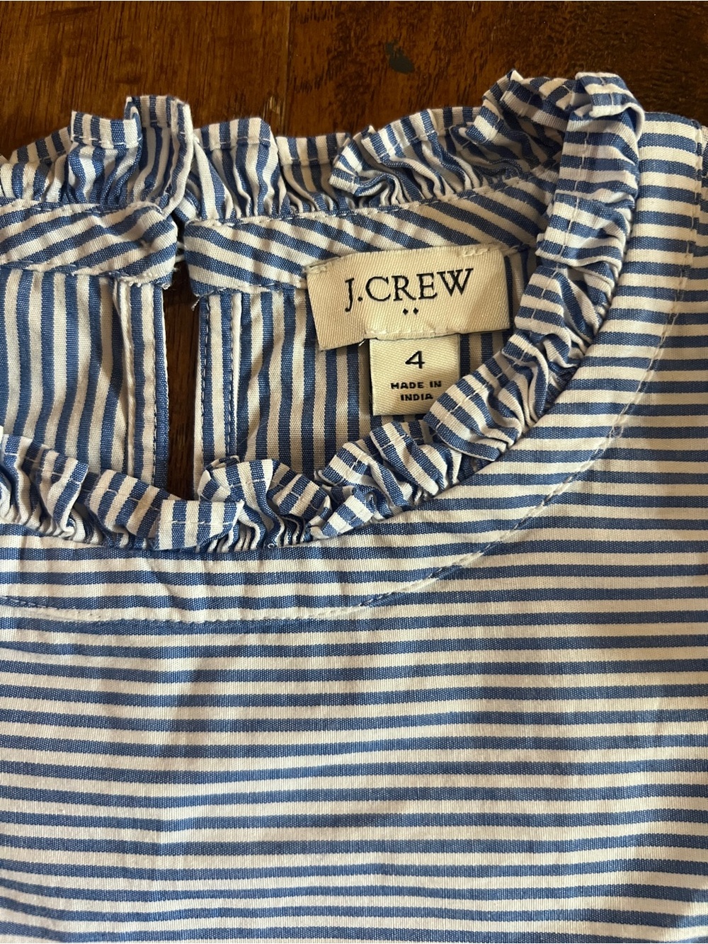 J. Crew Blue and White Striped Ruffle Neck Blouse